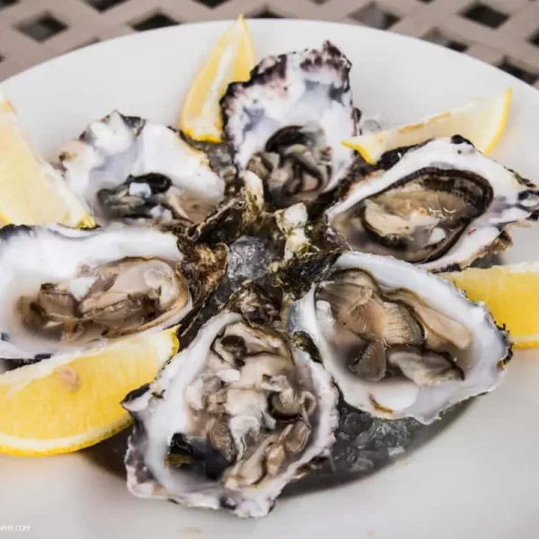 A plate of fresh oysters served with lemon wedges.