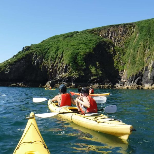 Group of kayakers near a green-covered cliff coastline on a sunny day.