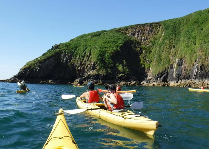 Group of kayakers near a green-covered cliff coastline on a sunny day.