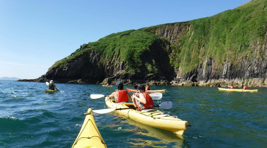 Group of kayakers near a green-covered cliff coastline on a sunny day.