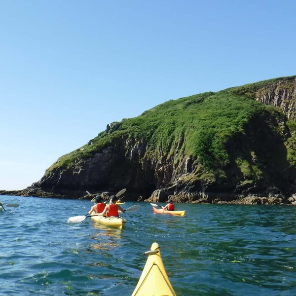 Group of kayakers near a lush cliffside on a sunny day.