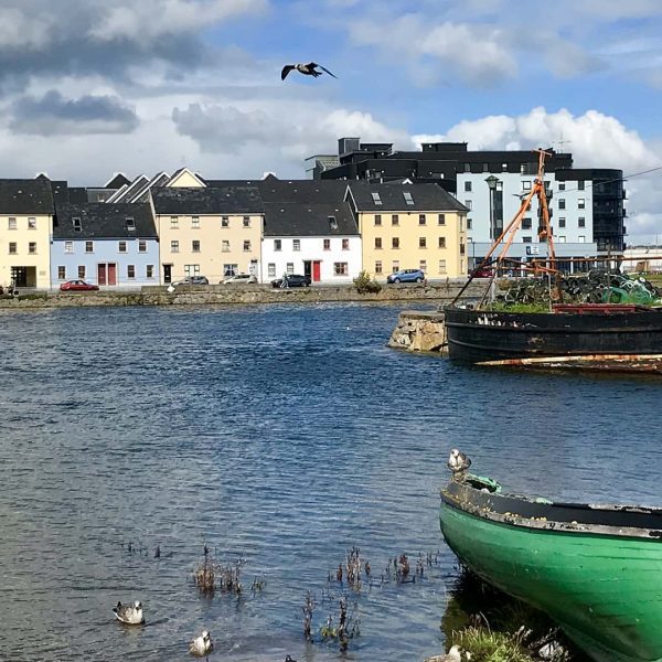 Colorful houses line the waterfront with birds in the foreground and a green boat beached nearby, under a partly cloudy sky.