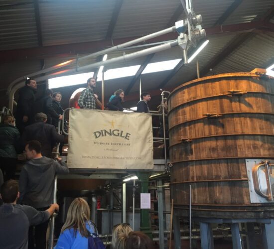 Group of people touring the dingle whiskey distillery in Ireland, observing large fermentation tanks.