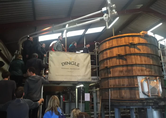 Group of visitors touring the dingle whiskey distillery, observing the distillation equipment.