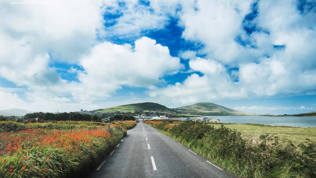 A scenic coastal road flanked by wildflowers leading towards green hills under a partly cloudy sky.