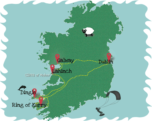 South and West of Ireland Overland tour map