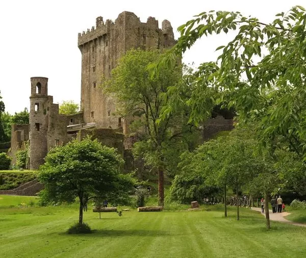 Lush green lawn leading to an ancient castle with a prominent tower, surrounded by verdant trees.