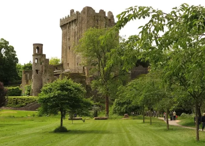 Lush green lawn leading to an ancient castle with a prominent tower, surrounded by verdant trees.