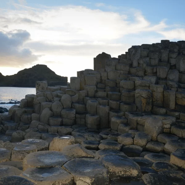 Basalt columns at giant's causeway during sunset.