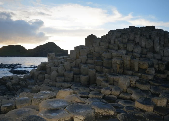 Basalt columns at giant's causeway during sunset.