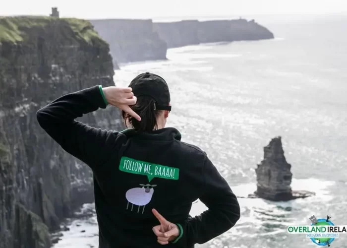A person wearing a hoodie with a sheep design and the text "follow me, baaa!" is pointing towards the ocean while standing at the edge of a cliff.