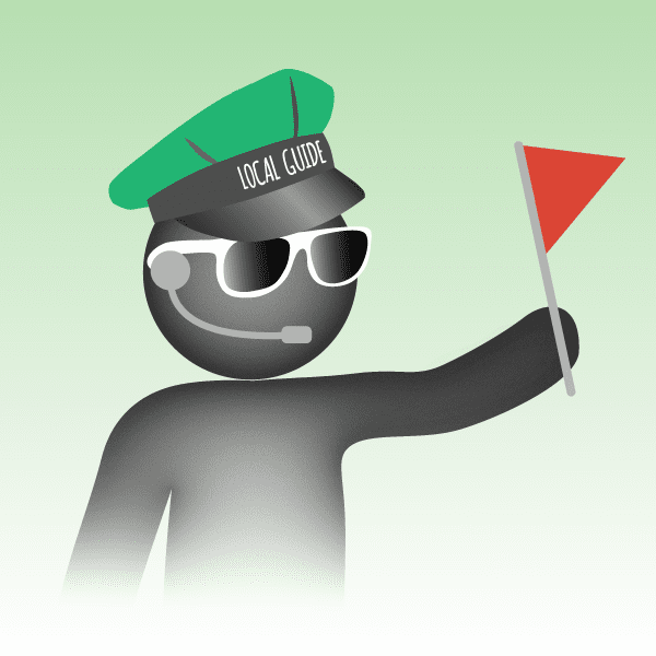 An illustrated character wearing a green "Ireland tours" hat and sunglasses, holding a red flag.