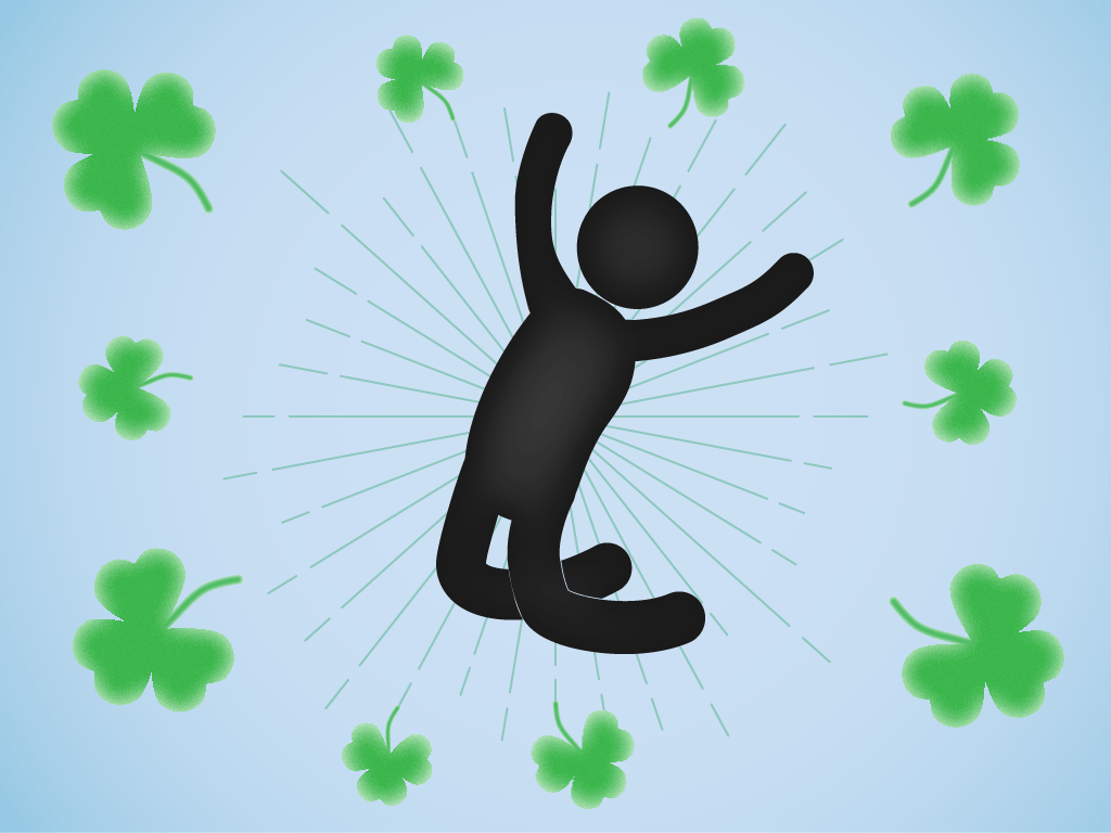 Silhouette of a person jumping with joy surrounded by clovers in Ireland.
