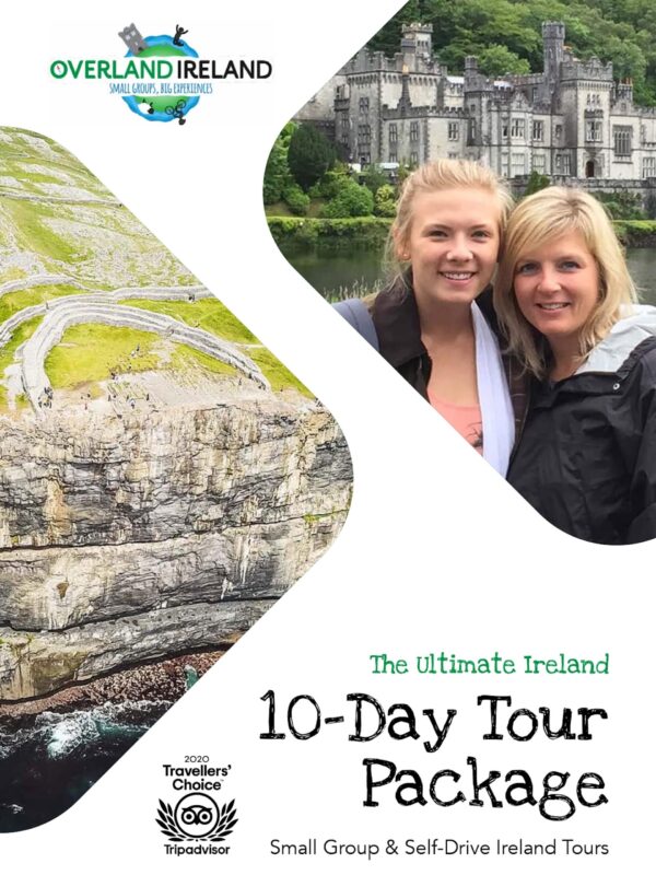 Promotional flyer for Ireland Tours' 10-day private tour package featuring two smiling tourists with a backdrop of an historic castle and scenic cliffs.