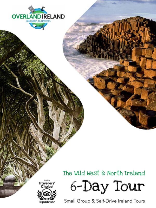 Promotional poster for a 6-day small group tour of the west and north of Ireland, featuring images of a tree-lined road and the Giant's Causeway.