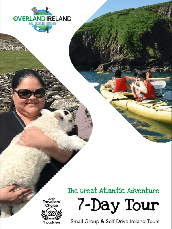 A woman holding a white dog, with an overlaid image of people kayaking near a cliff, promoting a 7-day small group tour in Ireland.