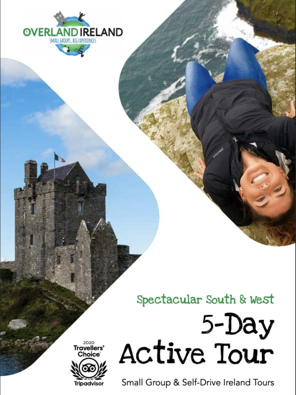 Woman lying on the grass with a castle in the background, promoting Overland Ireland's 5-day active tour for small group tours.