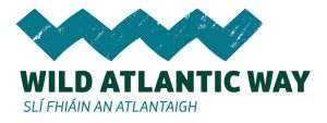 Logo of Wild Atlantic Way, a tourism trail on the west coast of Ireland, featuring small group tours with English and Irish text.