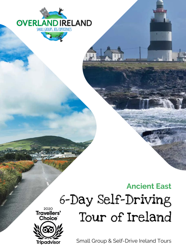 Promotional brochure for a 6-day self-driving tour of Ireland, featuring an image of a lighthouse and coastal scenery.
