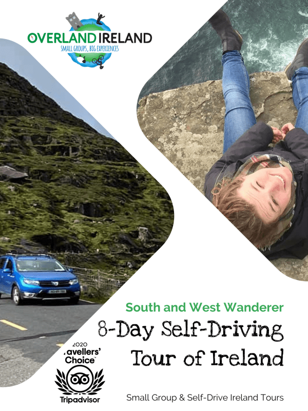 Promotional flyer for Ireland's 8-day self-driving private tour featuring a smiling tourist, scenic landscapes, and an award badge.