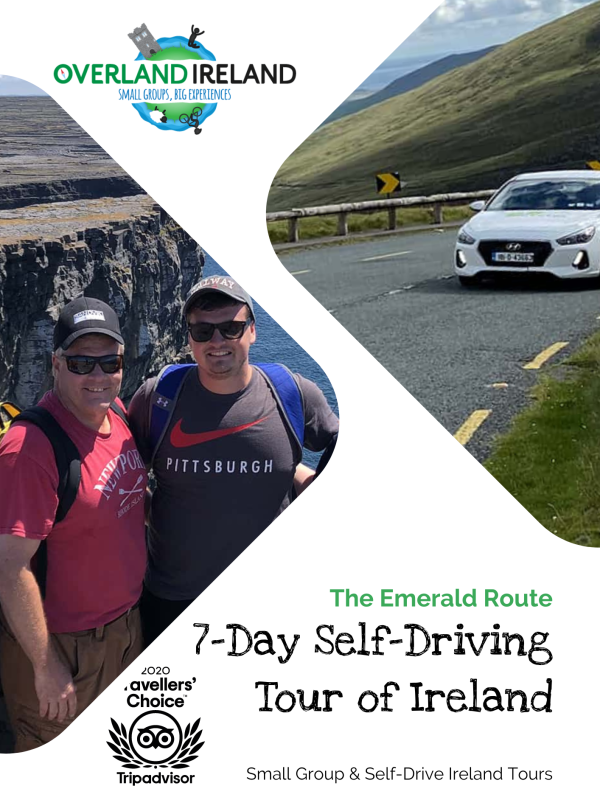 Two tourists with a brochure for a 7-day self-driving tour of Ireland, featuring scenic roads and a vehicle in the background, ideal for private tours.