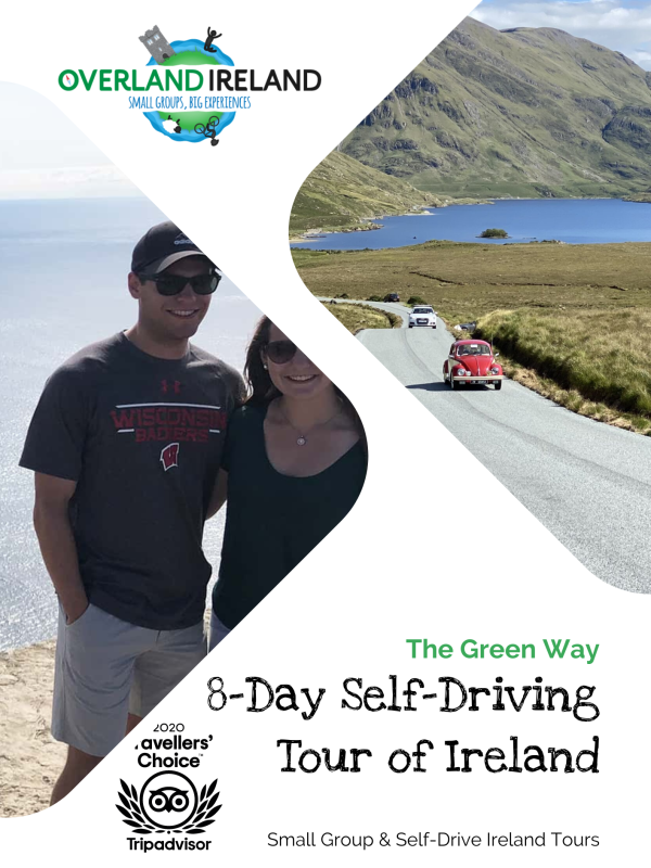 A couple posing for a photo on a scenic road with a lake and mountains in the background, with promotional information for an 8-day self-driving tour of Ireland by Overland Ireland Tours.
