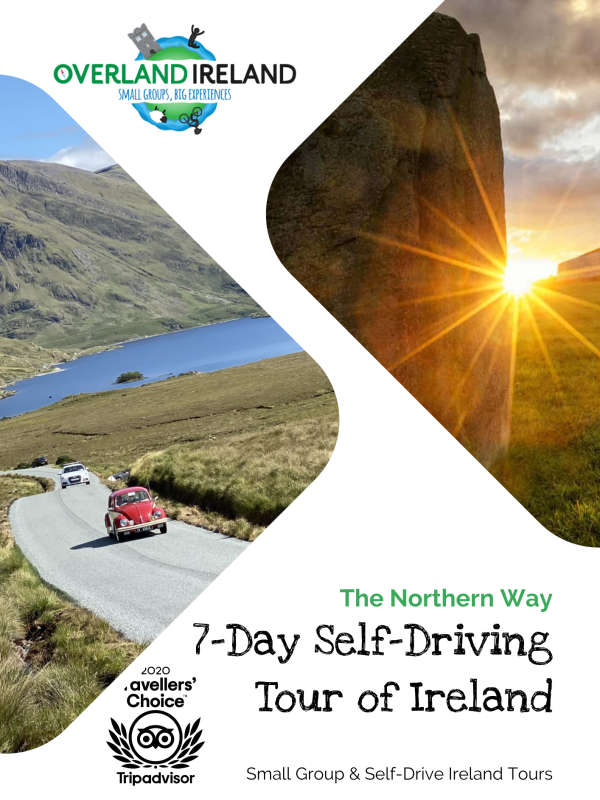 Promotional poster for a 7-day self-driving tour of Ireland featuring private tours, with imagery of a scenic route and sunset behind a monolith.
