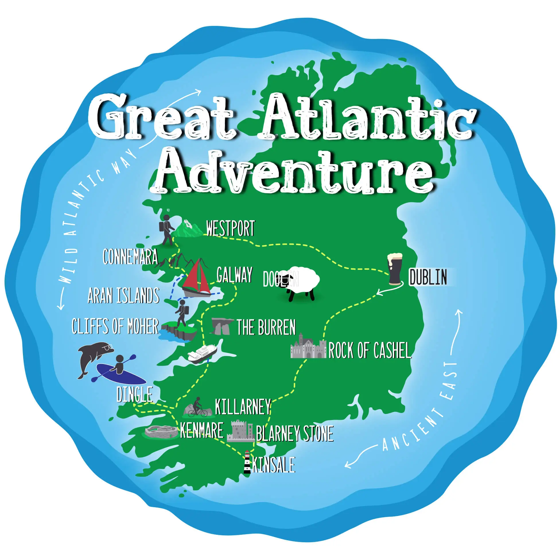 A colorful illustrated map of Ireland highlighting various tourist attractions with the phrase "great adventure" at the top, perfect for Small Group Tours.