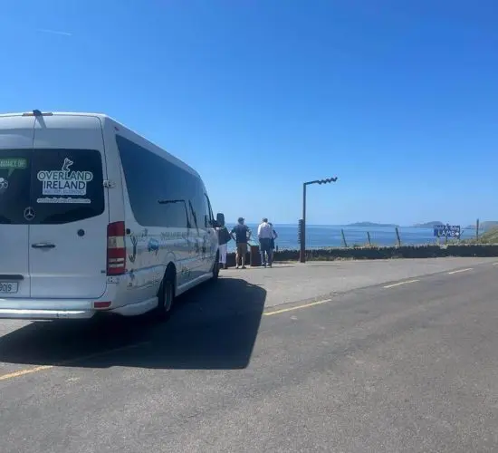 Tourists disembarking from a "Small Group Ireland Tours" van to enjoy a scenic coastal view.