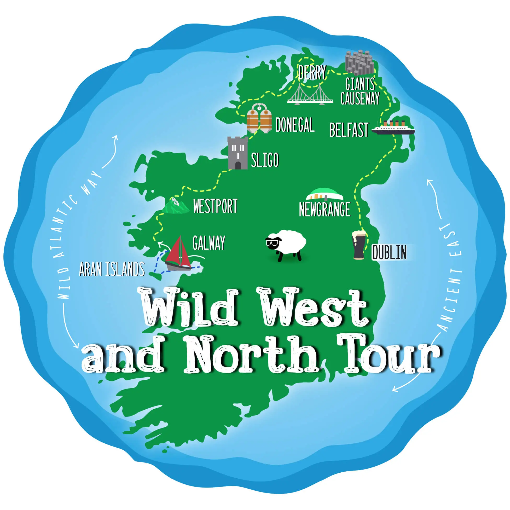 Illustrated map of Ireland highlighting a "Wild West and North Tour" with key destinations marked, including Donegal, Giant's Causeway, Belfast, Dublin, Newgrange, Galway, West