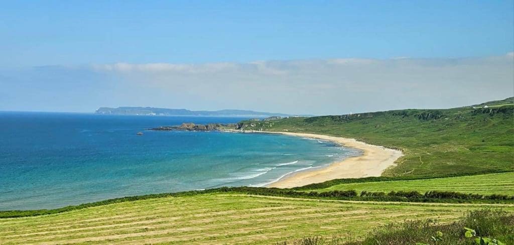 A scenic coastal landscape with a sandy beach bordered by green fields and a clear blue sky.