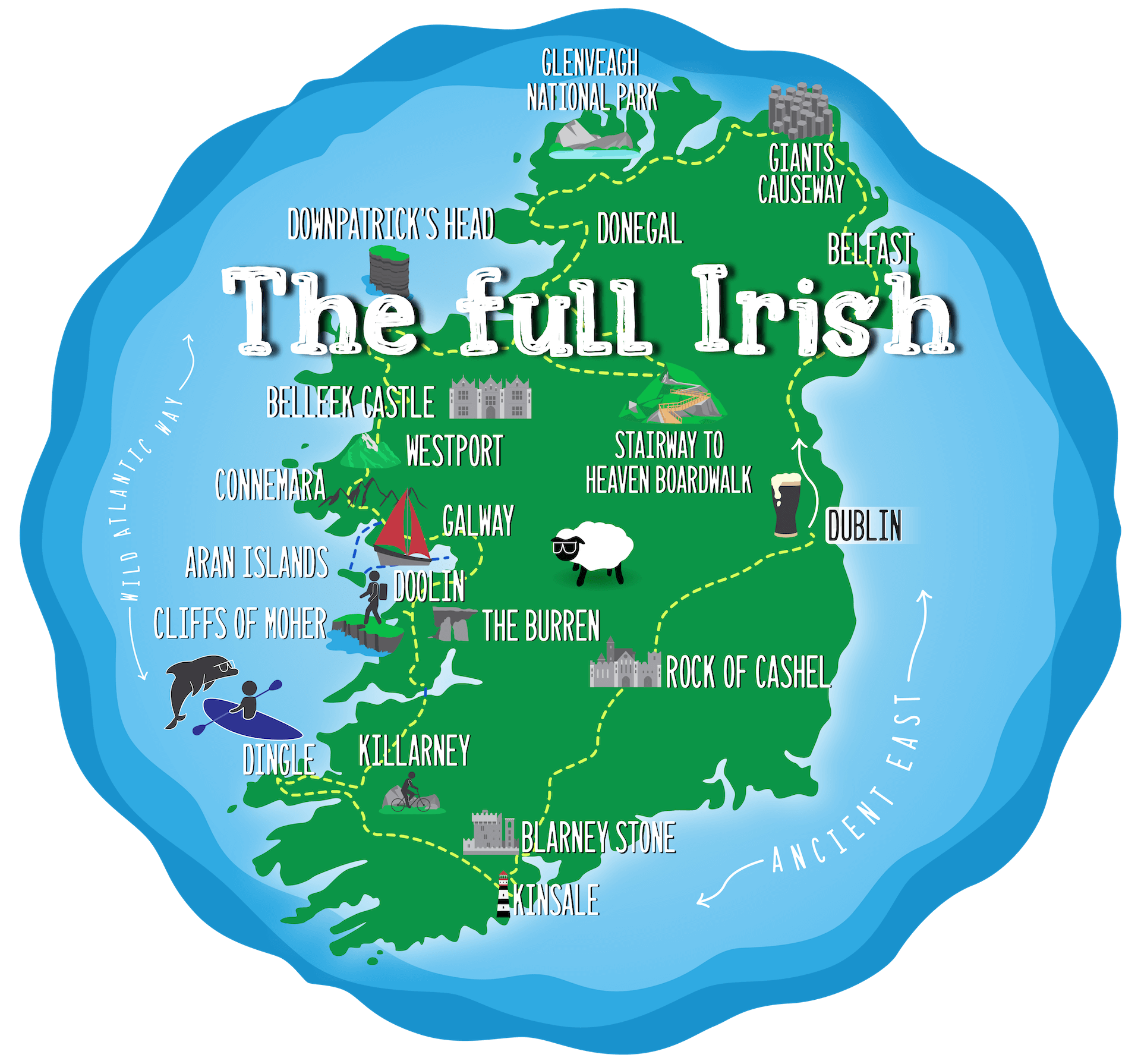 Illustrated map of Ireland highlighting tourist attractions and landmarks for self-drive tours.