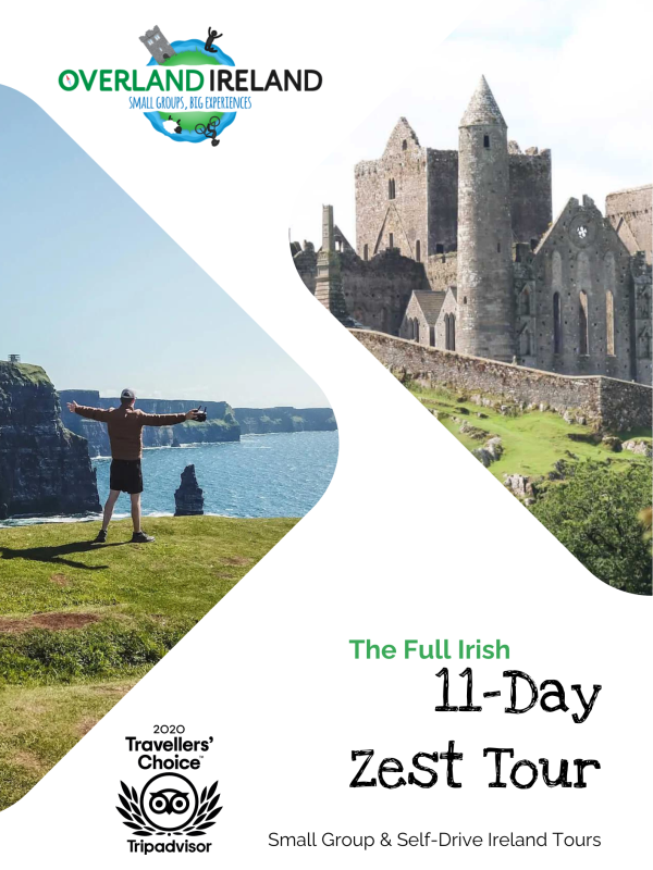 Promotional poster for "Ireland's" 11-day Zest tour featuring scenic views of cliffs and a historic castle, with a tourist enjoying the landscape in an exclusive small group setting.