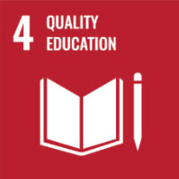 Graphic icon representing quality education, labeled with number 4, featuring an open book and a pencil on a red background.