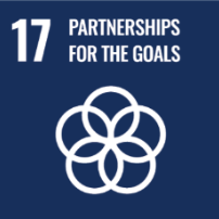 Sustainable development goal 17: partnerships for the goals logo with a numerical '17' and a graphic of intertwined circles on a blue background.