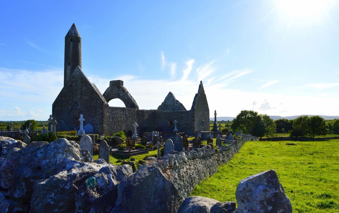 A church ruin and a cemetery in Ireland