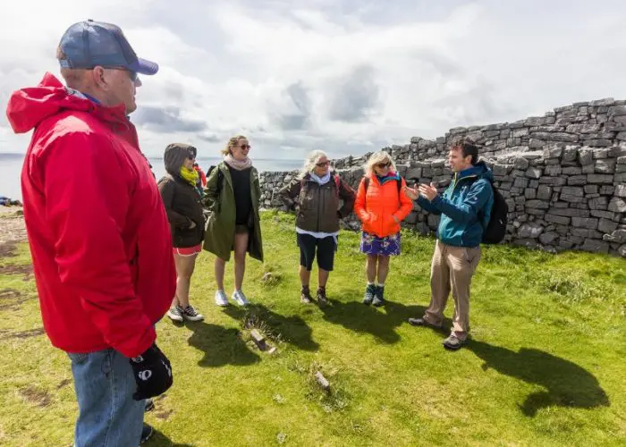 A tour guide discusses with a group of people on a grassy area beside ancient stone ruins under a cloudy sky. One person is wearing a bright red jacket and blue baseball cap.