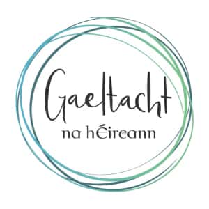 Logo of gaeltacht na héireann featuring stylized text inside a triple-lined circle, with shades of green and gray.