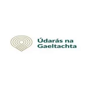 Logo of údarás na gaeltachta featuring a stylized celtic knot design above the organization's name in teal text.