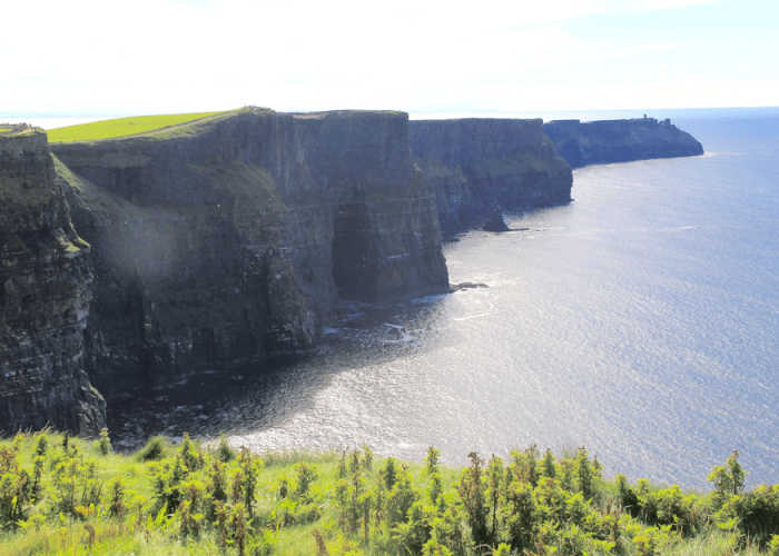 View of the cliffs of moher on a sunny day, featuring lush greenery atop steep rocky cliffs overlooking the atlantic ocean.