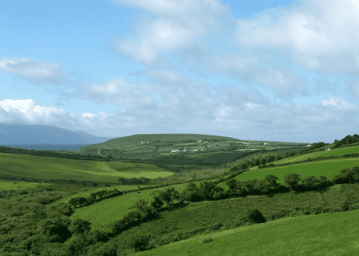 Rolling green hills under a clear blue sky, dotted with white houses and a few isolated trees, showcasing a serene rural landscape.