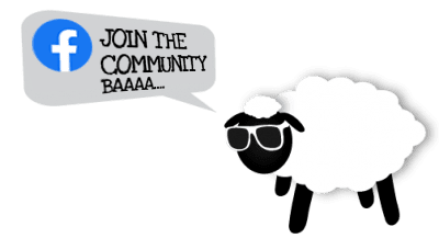 A cartoon sheep wearing sunglasses next to a speech bubble with a pun about joining destinations on Facebook.