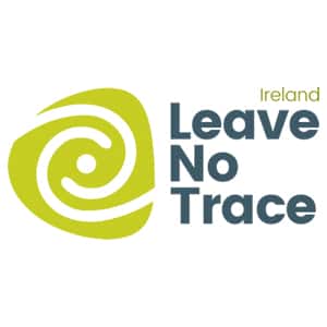 Logo of leave no trace ireland, featuring a stylized green spiral symbol beside the organization's name in gray text.