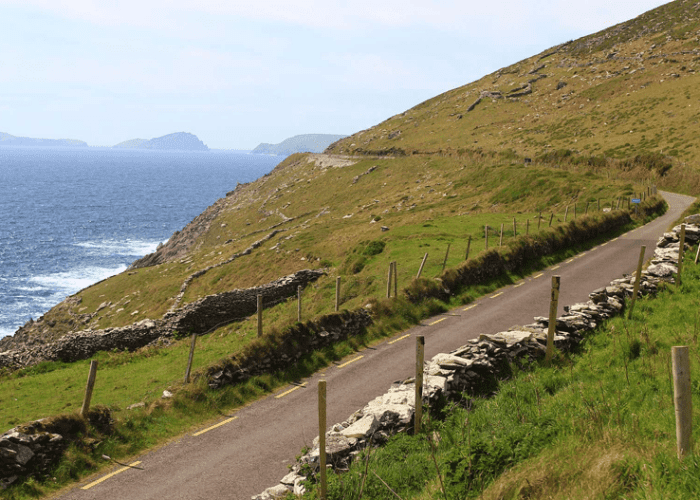 A narrow road winding along a lush green hillside beside a rocky coastline with the ocean in the background.