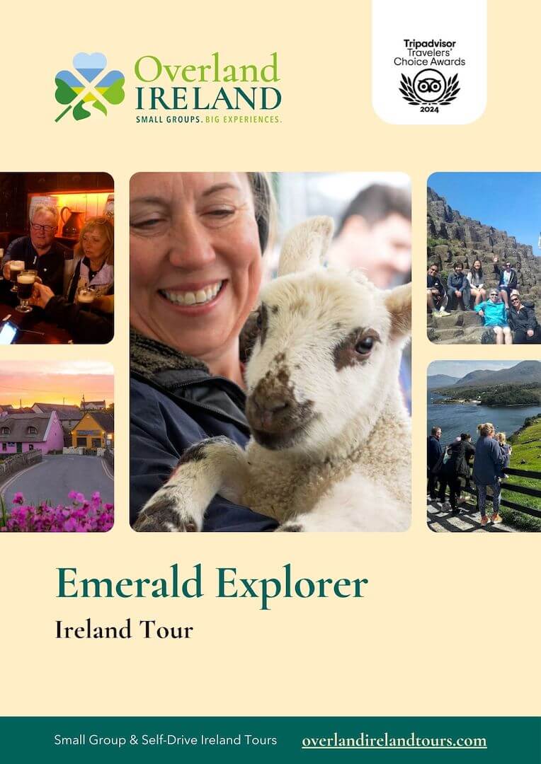 Promotional poster for the "Emerald Explorer Ireland Tour" by Overland Ireland, featuring images of tourists, landmarks, and a lamb, with a TripAdvisor Travelers' Choice award logo.