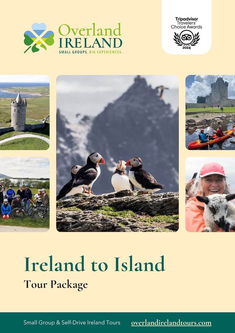 Promotional poster for Overland Ireland's 'Ireland to Island' tour package, featuring various scenic photos of Ireland, including puffins, castles, outdoor activities, and a TripAdvisor award.