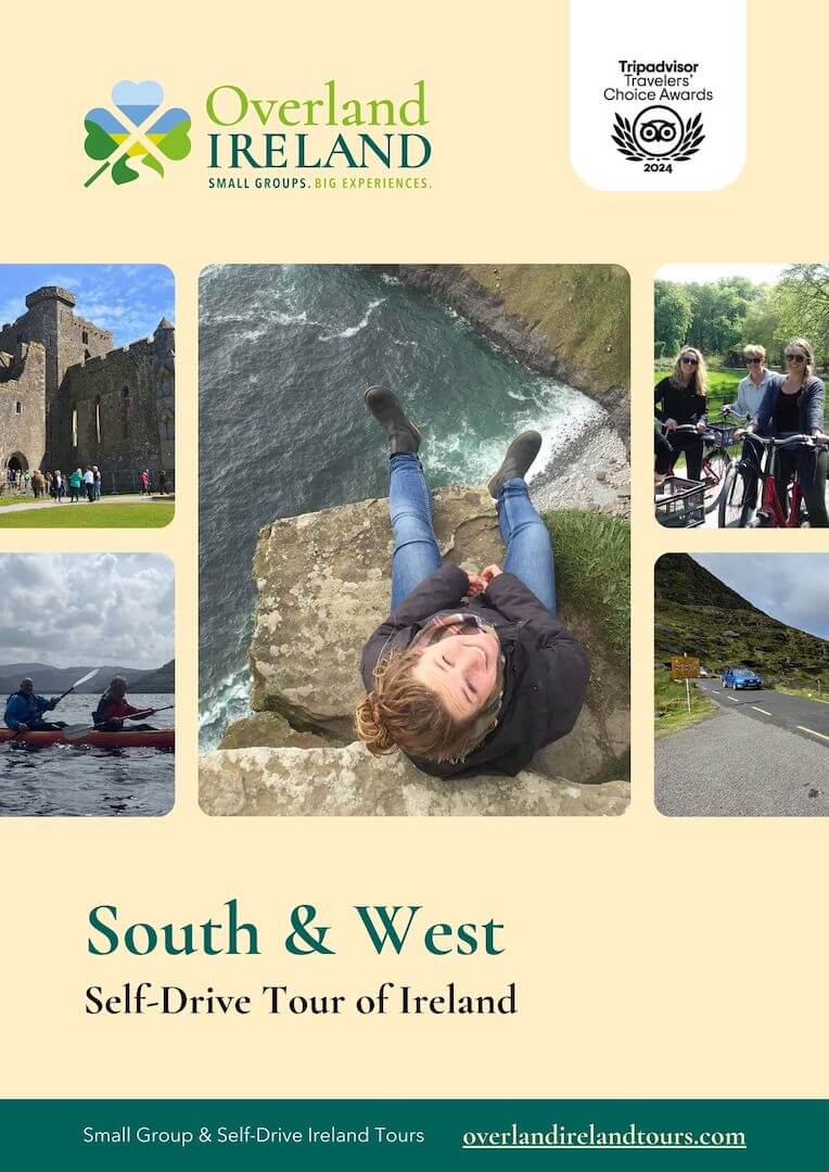 Promotional poster for Overland Ireland's South & West Self-Drive Tour, featuring various scenic activities such as kayaking, cycling, and cliffside relaxation.