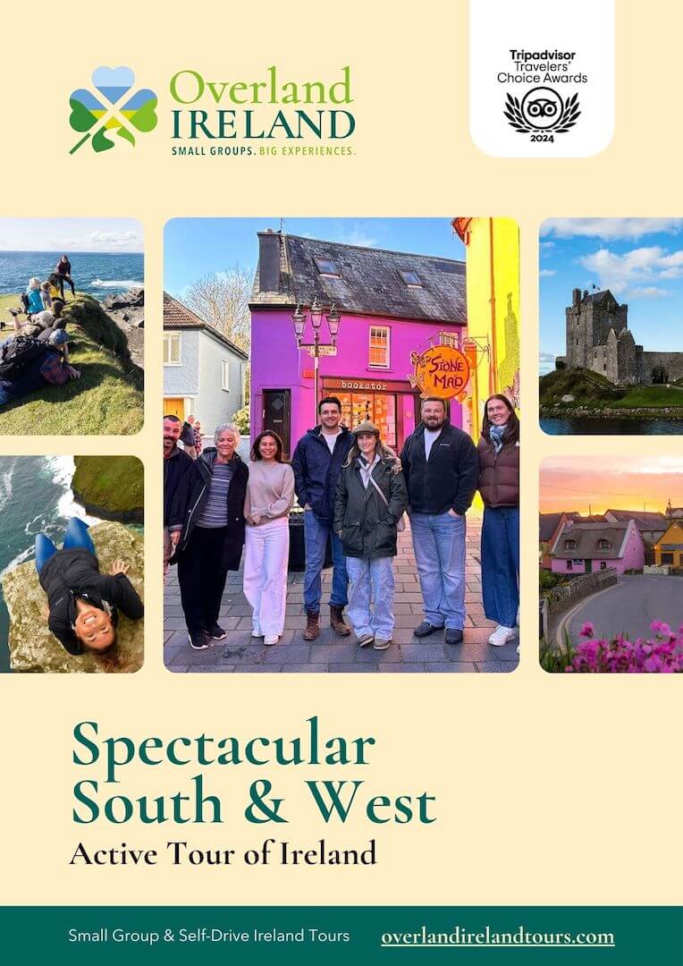 Promotional travel flyer for Overland Ireland's active tour of South and West Ireland, featuring group photos, landscapes, and a "Travellers' Choice" award badge.