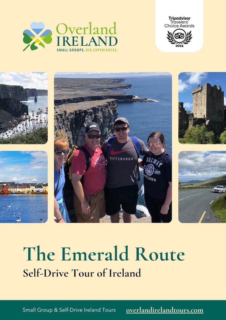 Brochure for Overland Ireland's "The Emerald Route" self-drive tour, featuring photos of cliffs, a castle, and scenic landscapes with a group of four people smiling.