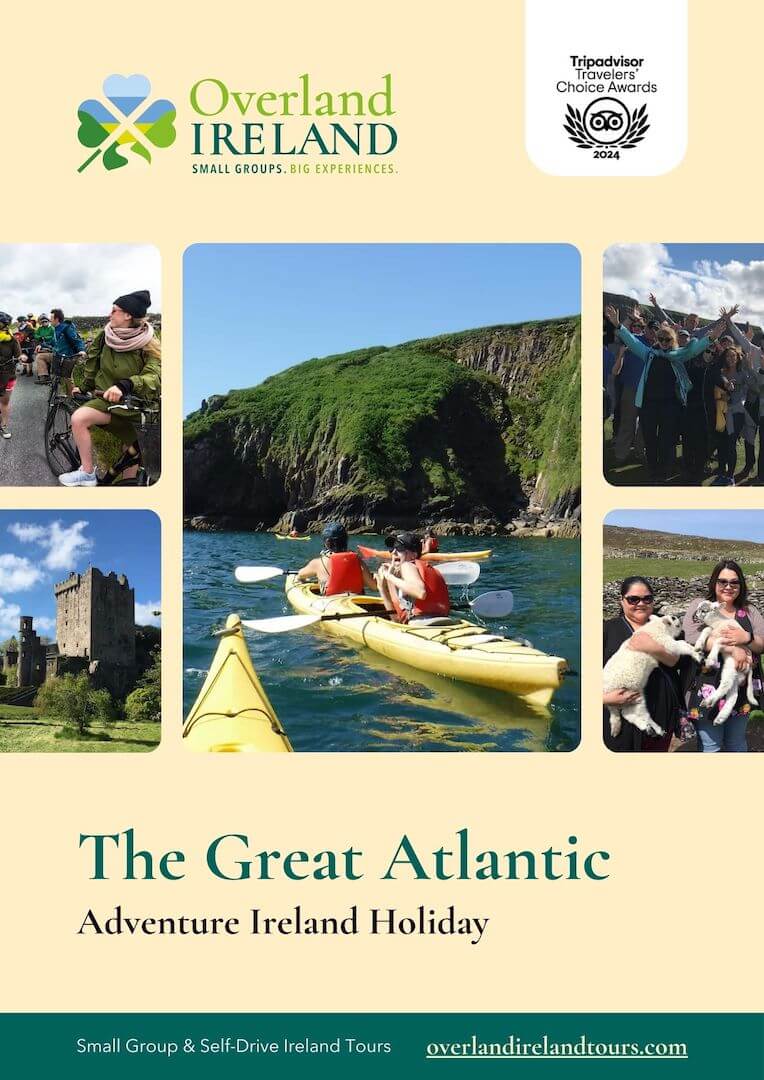 Collage with photos of various activities in Ireland including kayaking, cycling, and sightseeing, with the text: "Overland Ireland. The Great Atlantic Adventure Ireland Holiday.